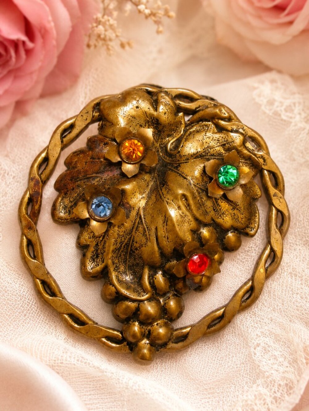 ART NOUVEAU Grape Dress Clip Brooch: VINTAGE Rhinestone Gold Gilt Convertible